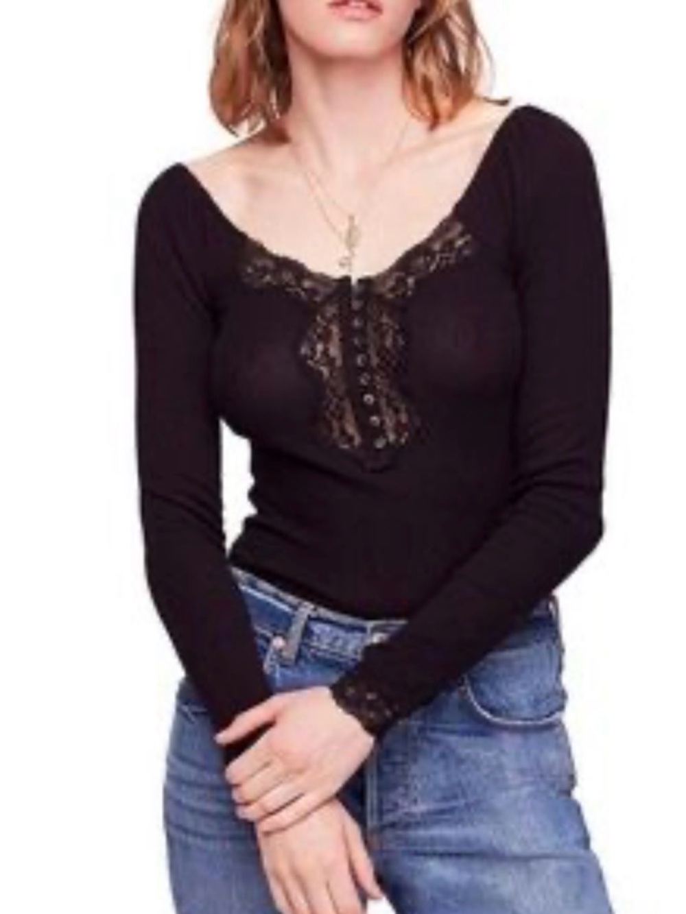 Free People Black to the west Lace-Trim Long Sleeve ribbed Henley large